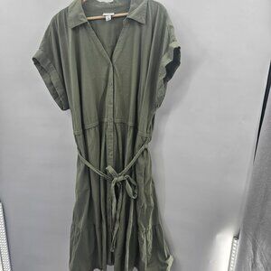 Ava and Viv Green V-Neck Buttoned Belted 100% Cotton Midi Dress 3x